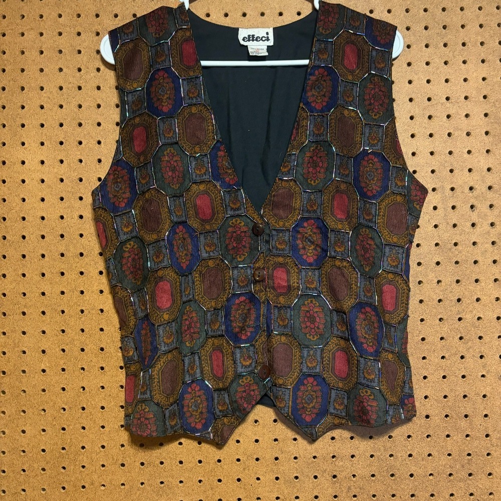 Effeci Vest Medium Multicolor Beaded Geometric Tapestry Vintage 90s Boho Vest